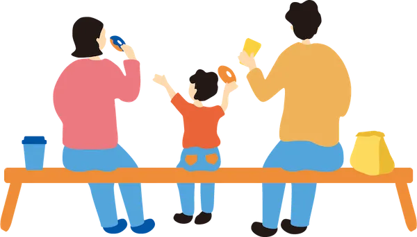 ベンチに3人で座っているイラスト