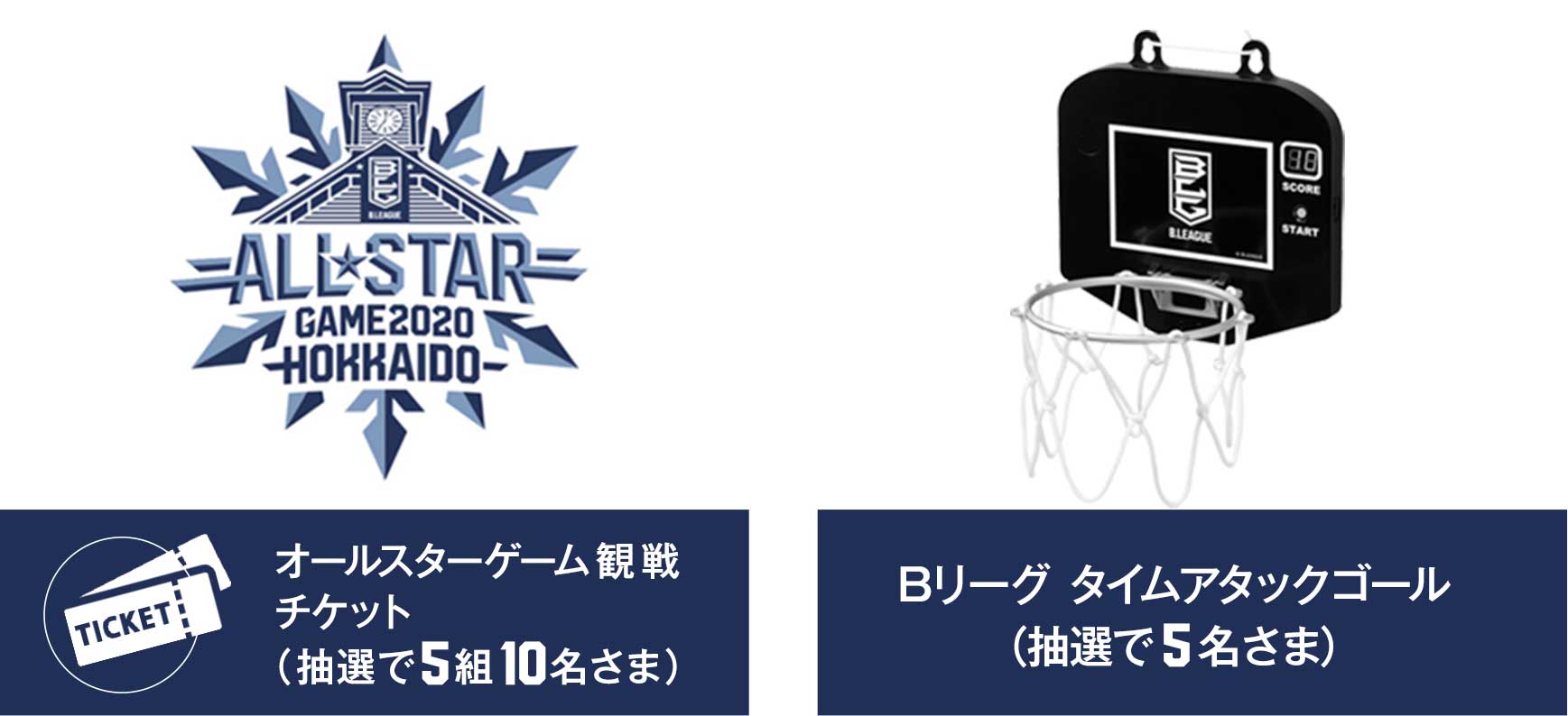 オールスターゲーム観戦チケット(抽選で5組10名さま)、Bリーグタイムアタックゴール(抽選で5名さま)